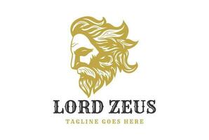 Vintage Greek Old Man Face God Zeus Triton Neptune Philosopher with Beard and Mustache Head Logo Design Vector