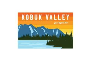 Clásico retro americano montaña pino bosque kobuk Valle río lago nacional parque para al aire libre aventuras t camisa logo ilustración vector