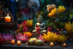 A buddha sits in a garden with a lotus and candles. Background for vesak festival celebration. Vesak day concept. Vesak celebration day greetings by photo