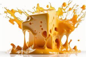 A delicious melting cheese splash in a realistic style. Hot cheese or cheddar splash. Tasty cheese liquid splash. Cheese sauce crown splash. For italian food, world cheese day, dessert by photo