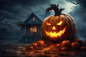 Scary pumpkin and house in night of full moon on halloween celebration concept. Spooky halloween background with pumpkin. Dirty house and pumpkin on halloween celebration concept by photo