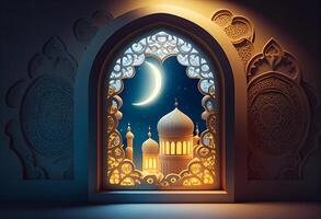 A windows depicts an islamic mosque at night with moon and lentern. In style of islamic city. Arched doorways. Eid al fitr background of window. Ramadan islamic lantern on a table by photo