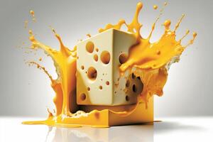 A delicious melting cheese splash in a realistic style. Hot cheese or cheddar splash. Tasty cheese liquid splash. Cheese sauce crown splash. For italian food, world cheese day, dessert by photo