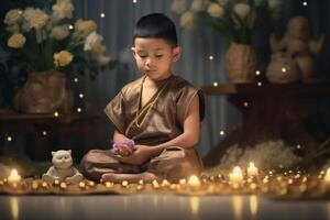 A young buddha sits in a garden with a lotus and candles. Background for vesak festival celebration. Vesak day concept. Vesak celebration day greetings by photo