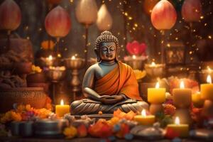 un Buda se sienta en un jardín con un loto y velas antecedentes para vesak festival celebracion. vesak día concepto. vesak celebracion día saludos por ai generado foto