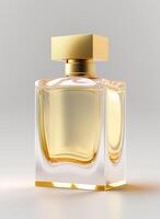 A high class bottle of glass perfume with yellow liquid. Aromatic perfume bottles on white background. For beauty product, cosmetic, perfume day, fragrance day or perfume launch event by photo