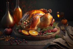 Thanksgiving day meal with pie, pumpkin, oranges, or roasted chicken in oven form. Flat lay assortment with delicious thanksgiving food. Happy thanksgiving day concept by photo