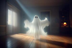 Human in spooky ghosts costume flying inside the old house or forest at night. Spooky halloween background with ghost. Ghost on halloween celebration concept by photo