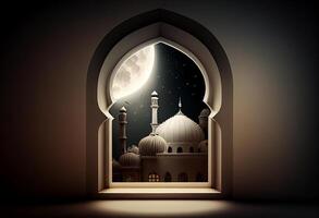 A windows depicts an islamic mosque at night with moon and lentern. In style of islamic city. Arched doorways. Eid al fitr background of window. Ramadan islamic lantern on a table by photo