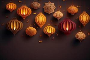 Happy diwali or deepavali traditional indian festival with lamp or sky lantern. Indian hindu festival of light with lamp or light. Night sky floating lanterns during diwali celebration by photo