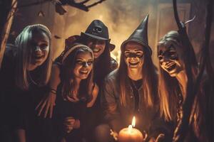 adolescentes amigos en disfraces celebrando y teniendo divertido a Víspera de Todos los Santos fiesta. joven personas a disfraces fiesta Víspera de Todos los Santos celebracion concepto por ai generado foto