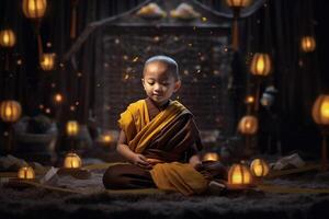 un joven Buda se sienta en un jardín con un loto y velas antecedentes para vesak festival celebracion. vesak día concepto. vesak celebracion día saludos por ai generado foto