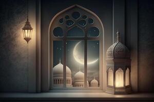 A windows depicts an islamic mosque at night with moon and lentern. In style of islamic city. Arched doorways. Eid al fitr background of window. Ramadan islamic lantern on a table by photo