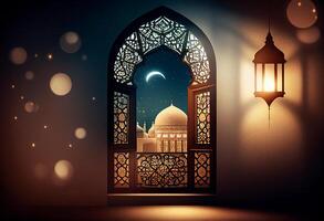 A windows depicts an islamic mosque at night with moon and lentern. In style of islamic city. Arched doorways. Eid al fitr background of window. Ramadan islamic lantern on a table by photo