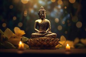 A buddha sits in a garden with a lotus and candles. Background for vesak festival celebration. Vesak day concept. Vesak celebration day greetings by photo