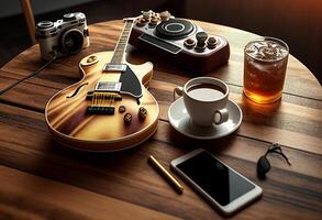 Photo music objects with guitar, gadget and coffee on the table in classic style. Beautiful electric guitar on with headphones and desktop musical creativity concept. World music day by