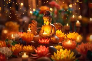 A buddha sits in a garden with a lotus and candles. Background for vesak festival celebration. Vesak day concept. Vesak celebration day greetings by photo