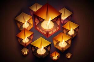 Happy diwali or deepavali traditional indian festival with lamp or sky lantern. Indian hindu festival of light with lamp or light. Night sky floating lanterns during diwali celebration by photo