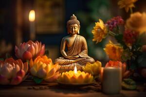 A buddha sits in a garden with a lotus and candles. Background for vesak festival celebration. Vesak day concept. Vesak celebration day greetings by photo