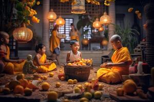 A buddha sits in a garden with a lotus and candles. Background for vesak festival celebration. Vesak day concept. Vesak celebration day greetings by photo