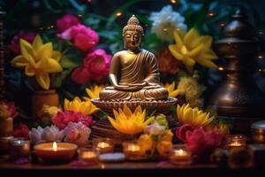 A buddha sits in a garden with a lotus and candles. Background for vesak festival celebration. Vesak day concept. Vesak celebration day greetings by photo