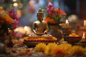 A buddha sits in a garden with a lotus and candles. Background for vesak festival celebration. Vesak day concept. Vesak celebration day greetings by photo