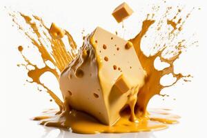 A delicious melting cheese splash in a realistic style. Hot cheese or cheddar splash. Tasty cheese liquid splash. Cheese sauce crown splash. For italian food, world cheese day, dessert by photo