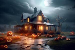 Haunted house on halloween celebration concept. Spooky house halloween background with deserted building and pumpkin. Scary house with creepy building at night by photo