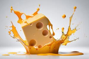 un delicioso derritiendo queso chapoteo en un realista estilo. caliente queso o queso Cheddar chapoteo. sabroso queso líquido chapoteo. queso salsa corona chapoteo. para italiano alimento, mundo queso día, postre por ai generado foto