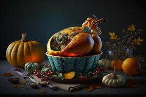 Thanksgiving day meal with pie, pumpkin, oranges, or roasted chicken in oven form. Flat lay assortment with delicious thanksgiving food. Happy thanksgiving day concept by photo