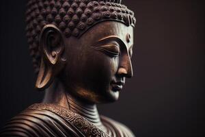 A thai buddha statue sits and meditating at buddhist temple. Ancient thailand buddha face. Background for vesak festival celebration. Vesak day concept. Vesak celebration day greetings by photo