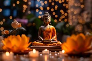 A buddha sits in a garden with a lotus and candles. Background for vesak festival celebration. Vesak day concept. Vesak celebration day greetings by photo