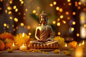 A buddha sits in a garden with a lotus and candles. Background for vesak festival celebration. Vesak day concept. Vesak celebration day greetings by photo