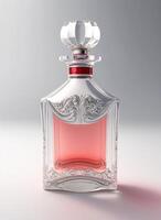 A high class bottle of glass perfume with light red liquid. Aromatic perfume bottles on white background. Beauty product, cosmetic, perfume day, fragrance day or perfume launch event by photo