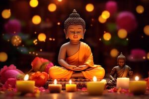 un Buda se sienta en un jardín con un loto y velas antecedentes para vesak festival celebracion. vesak día concepto. vesak celebracion día saludos por ai generado foto