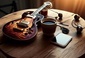 Photo music objects with guitar, gadget and coffee on the table in classic style. Beautiful electric guitar on with headphones and desktop musical creativity concept. World music day by