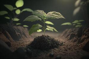 planta creciente en granja suelo o bosque con luz de sol a tiempo de día. joven planta es creciente. mundo tierra día. mundo ambiente día. tierra conservación, ecología o global calentamiento por ai generado foto