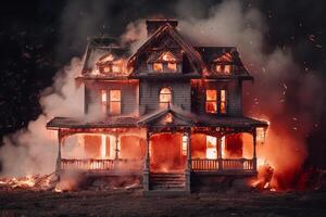 obsesionado casa en Víspera de Todos los Santos celebracion concepto. escalofriante casa Víspera de Todos los Santos antecedentes con abandonado edificio y calabaza. de miedo casa con Siniestro edificio a noche por ai generado foto