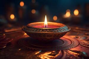 Happy diwali or deepavali traditional indian festival with clay diya oil lamp. Indian hindu festival of light symbol with candle and light. Clay diya lamp lit during diwali celebration by photo