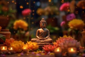 A buddha sits in a garden with a lotus and candles. Background for vesak festival celebration. Vesak day concept. Vesak celebration day greetings by photo