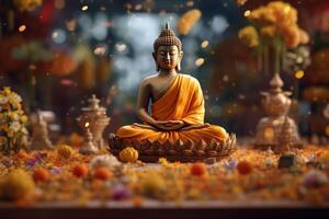 A buddha sits in a garden with a lotus and candles. Background for vesak festival celebration. Vesak day concept. Vesak celebration day greetings by photo