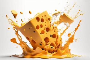 A delicious melting cheese splash in a realistic style. Hot cheese or cheddar splash. Tasty cheese liquid splash. Cheese sauce crown splash. For italian food, world cheese day, dessert by photo