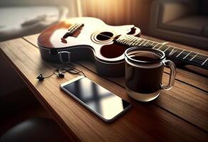 Photo music objects with guitar, gadget and coffee on the table in classic style. Beautiful electric guitar on with headphones and desktop musical creativity concept. World music day by