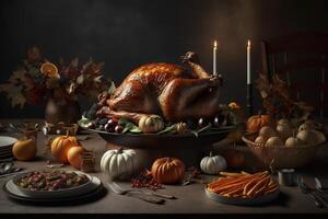 Thanksgiving day meal with pie, pumpkin, oranges, or roasted chicken in oven form. Flat lay assortment with delicious thanksgiving food. Happy thanksgiving day concept by photo