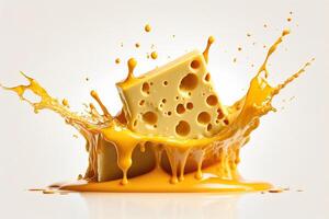 A delicious melting cheese splash in a realistic style. Hot cheese or cheddar splash. Tasty cheese liquid splash. Cheese sauce crown splash. For italian food, world cheese day, dessert by photo