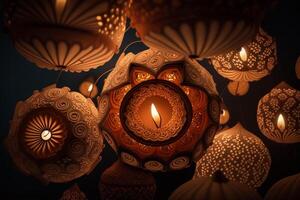 Happy diwali or deepavali traditional indian festival with lamp or sky lantern. Indian hindu festival of light with lamp or light. Night sky floating lanterns during diwali celebration by photo