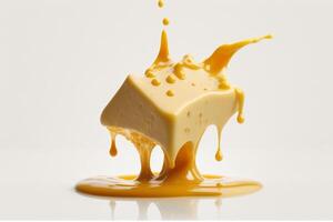 A delicious melting cheese splash in a realistic style. Hot cheese or cheddar splash. Tasty cheese liquid splash. Cheese sauce crown splash. For italian food, world cheese day, dessert by photo