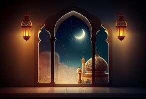 A windows depicts an islamic mosque at night with moon and lentern. In style of islamic city. Arched doorways. Eid al fitr background of window. Ramadan islamic lantern on a table by photo