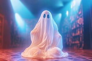 Human in spooky ghosts costume flying inside the old house or forest at night. Spooky halloween background with ghost. Ghost on halloween celebration concept by photo