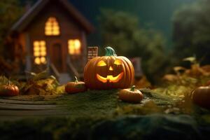 Scary pumpkin and house in night of full moon on halloween celebration concept. Spooky halloween background with pumpkin. Dirty house and pumpkin on halloween celebration concept by photo